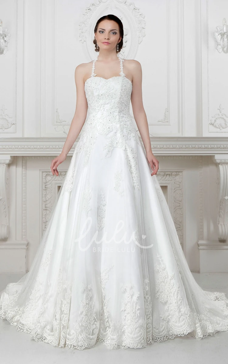 Spaghetti Appliqued Lace&Satin A-Line Wedding Dress Flowy Beach Bridal Gown