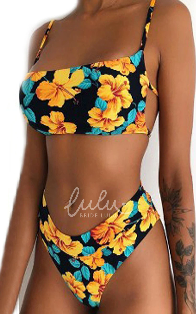 Striped High-Cut Spaghetti Bikini Set with Floral Design for Women