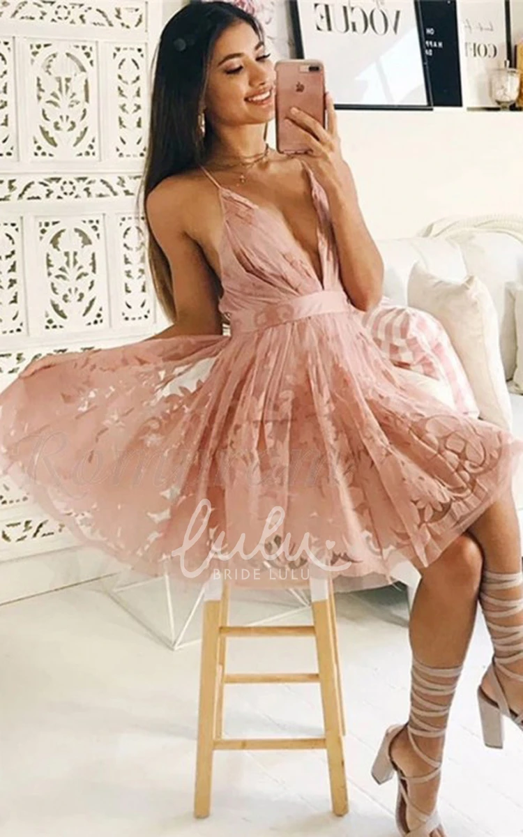 Adorable Short Lace Plunging Neckline Sleeveless A-Line Homecoming Dress with Ruffles