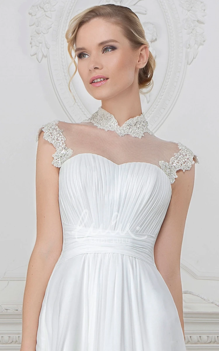 High-Neck Satin Wedding Dress with Cap Sleeves and A-Line Skirt Modern Wedding Dress