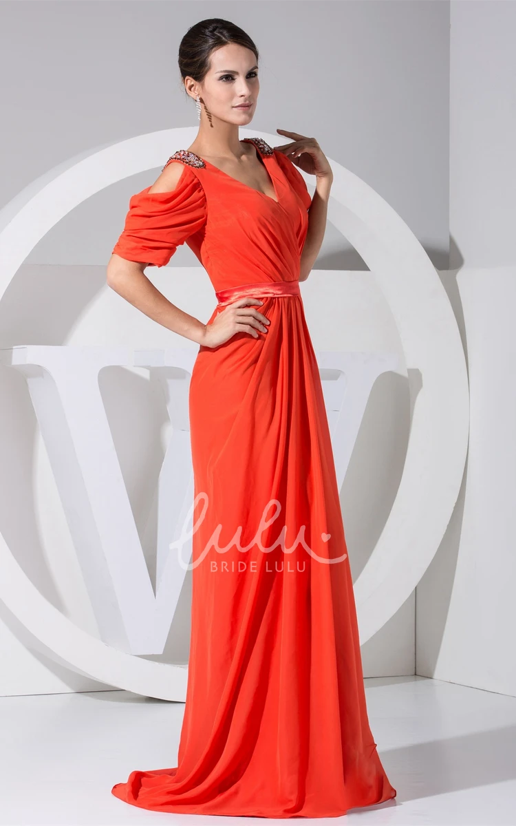 V-Neck Evening Gown with Front Split and Beading for Prom