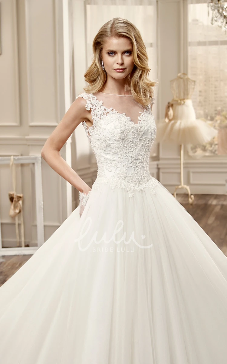 Lace Bodice Cap-Sleeve Wedding Dress with Pleated Skirt Elegant Wedding Dress