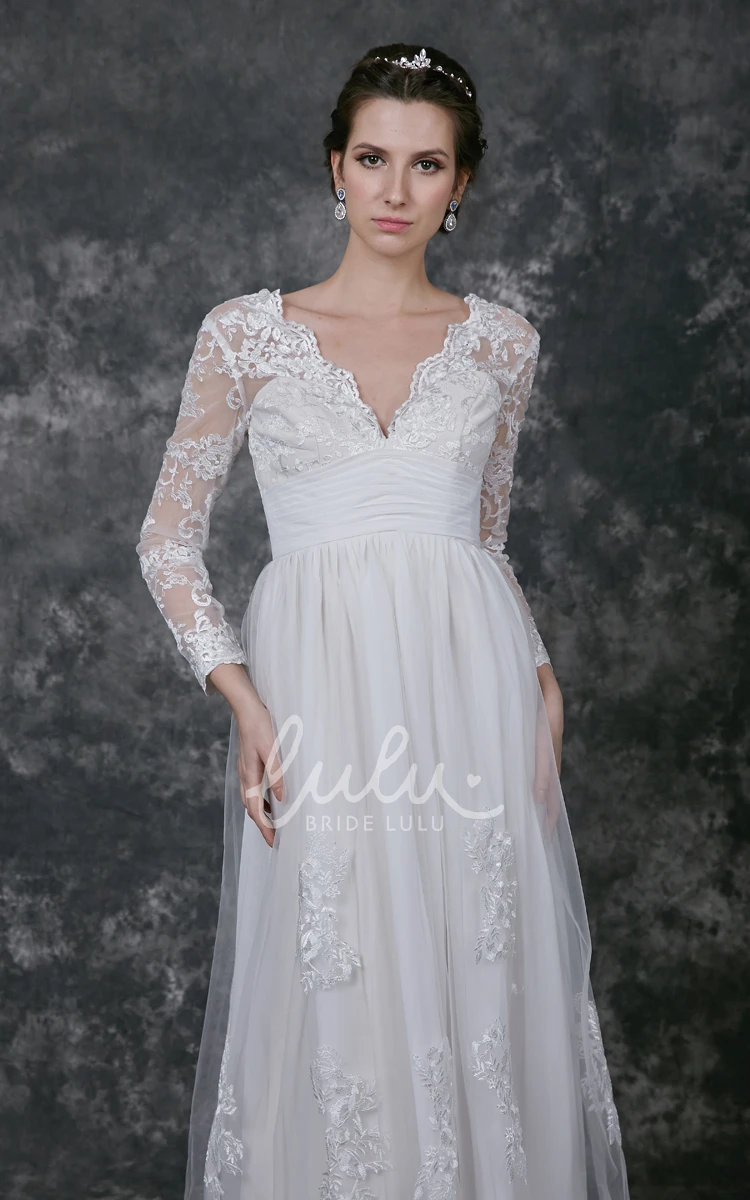 Illusion Sleeve Chiffon Dress with Ruched V-Neckline Flowy Wedding Gown