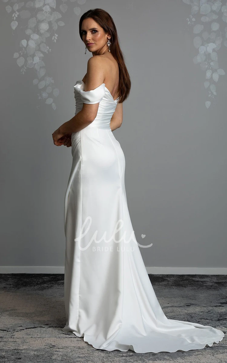 Off-the-shoulder Satin Mermaid Wedding Dress with Ruching and Open Back