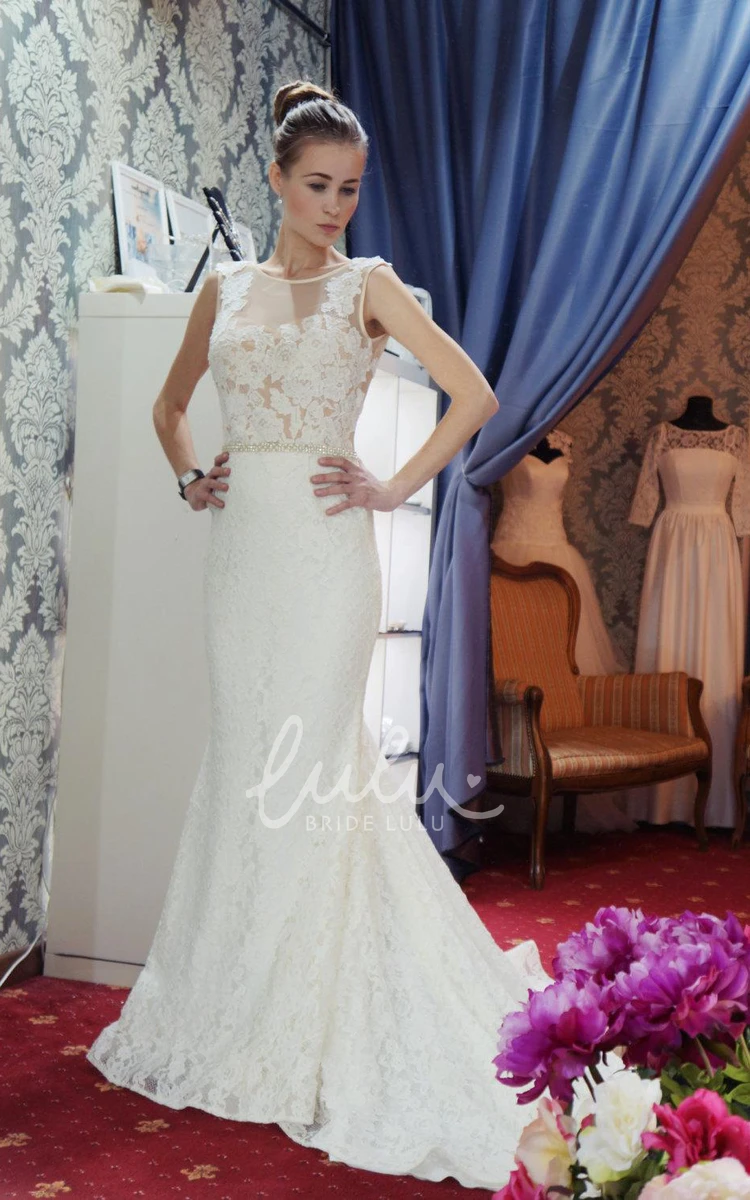 Mermaid Lace Wedding Dress with Beading and Long Train Jewel Neckline