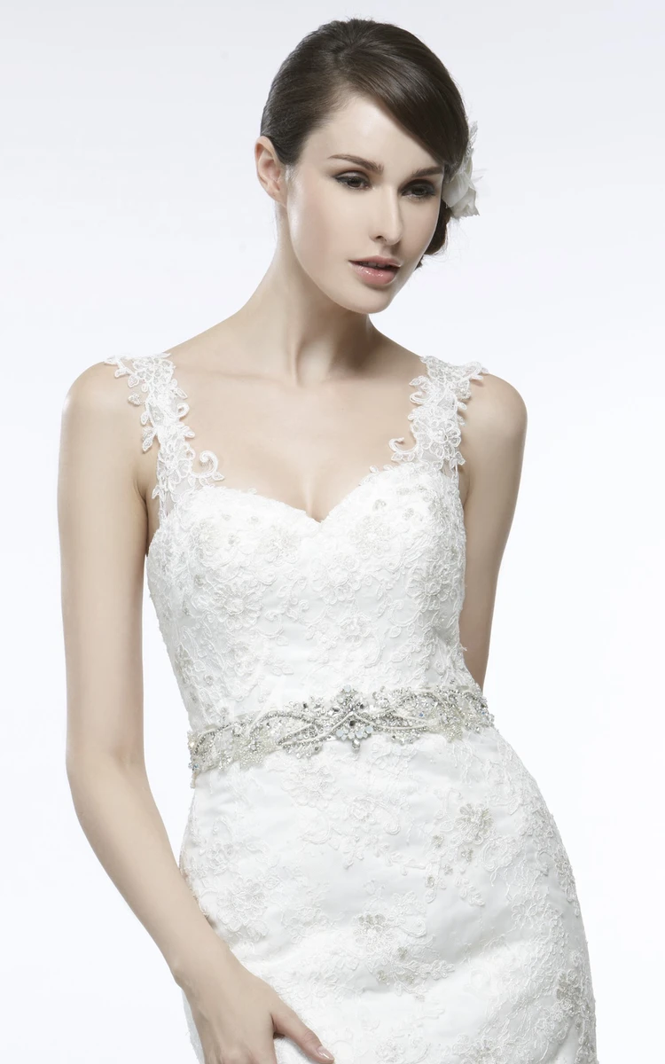 Lace Appliqued Wedding Dress with V-Back and Court Train Floor-Length