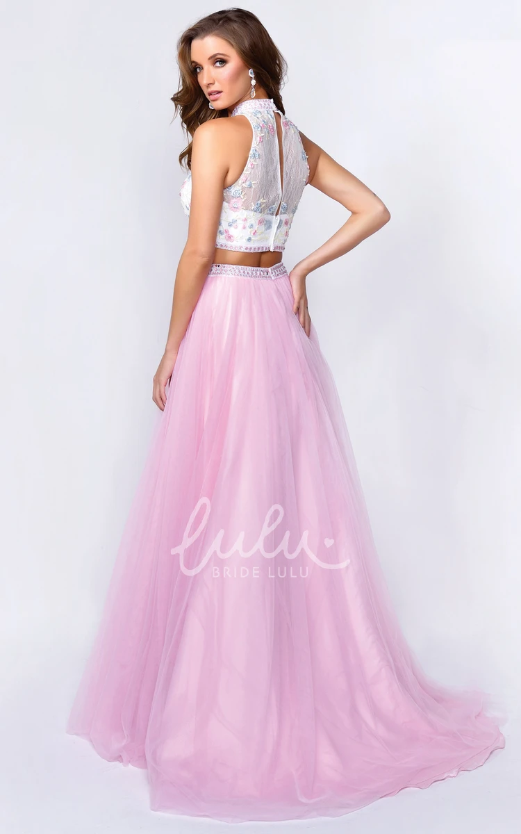 Jewel-Neck Illusion A-Line Formal Dress with Appliques and Flower