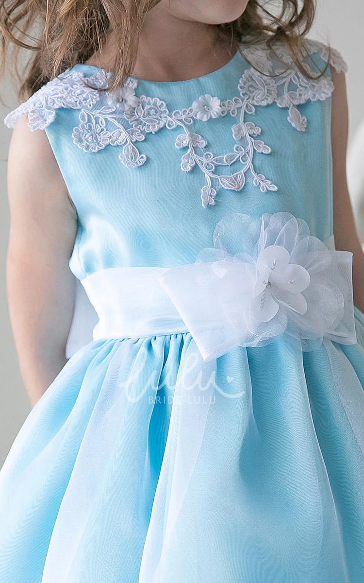 Appliqued Lace Flower Girl Dress Tea-Length Split-Front