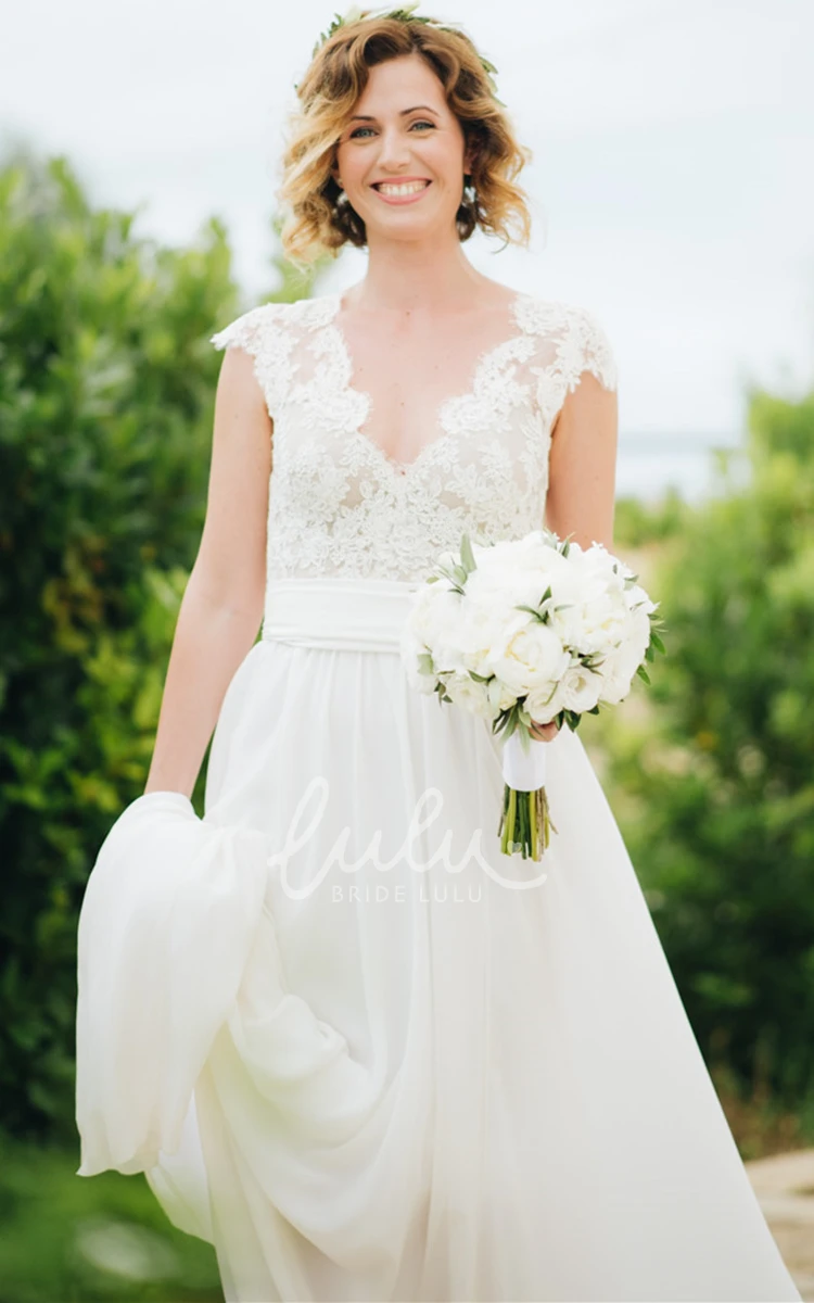 Bohemian Scalloped Chiffon Lace A Line Wedding Dress with Appliques Unique Beach Bridal Gown