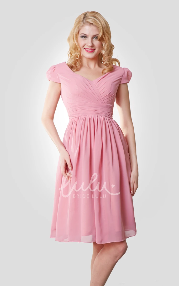 Cap Sleeve A-Line Prom Dress Chiffon with Pleats and Knee Length