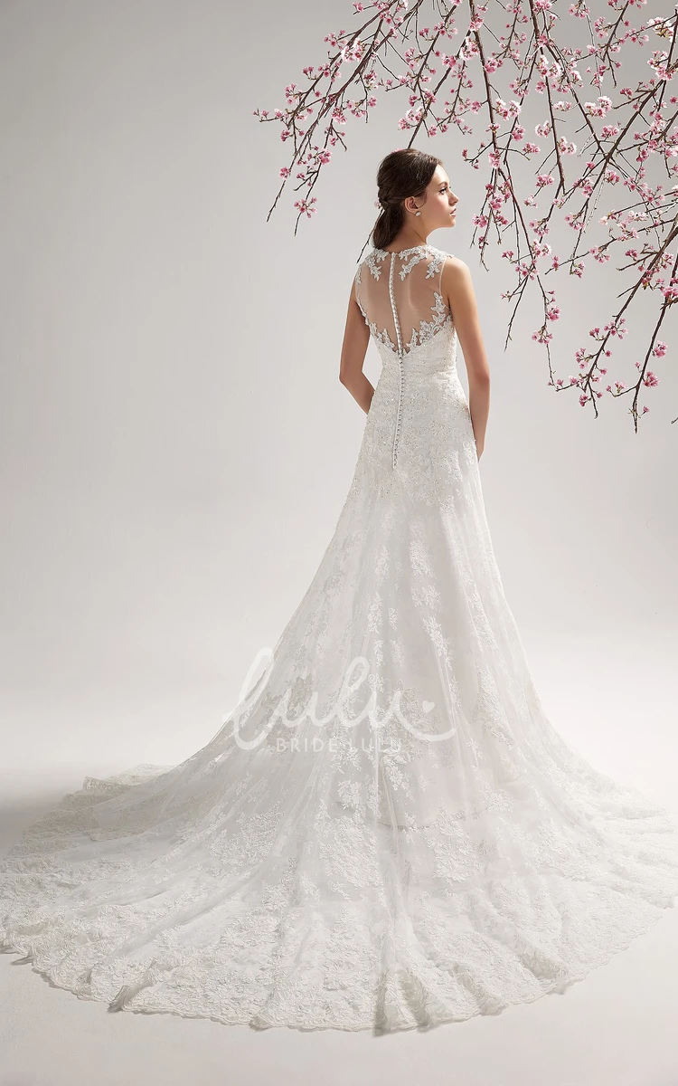 Long Sleeveless Wedding Dress with Lace Appliques and Illusion Style