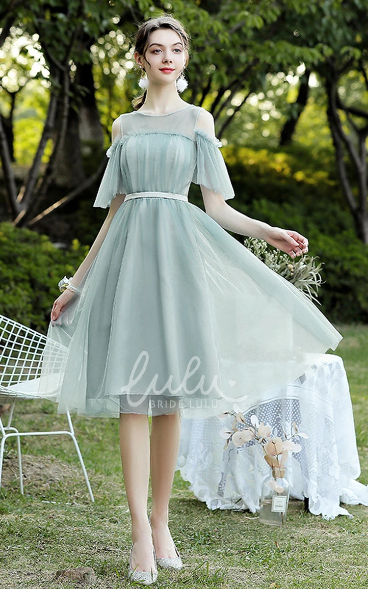 Off-the-Shoulder Tulle V-Neck A-Line Homecoming Dress with Ruching Knee-Length Midi Prom Party Dress