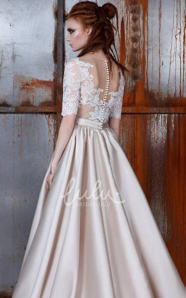 Half Sleeve Lace A-Line Wedding Dress with Illusion Top Elegant Bridal Gown