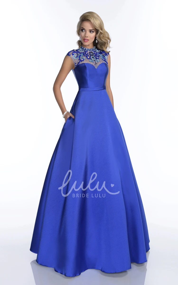 Rhinestone Back A-Line Prom Dress with Jewel Neck Cap Sleeves