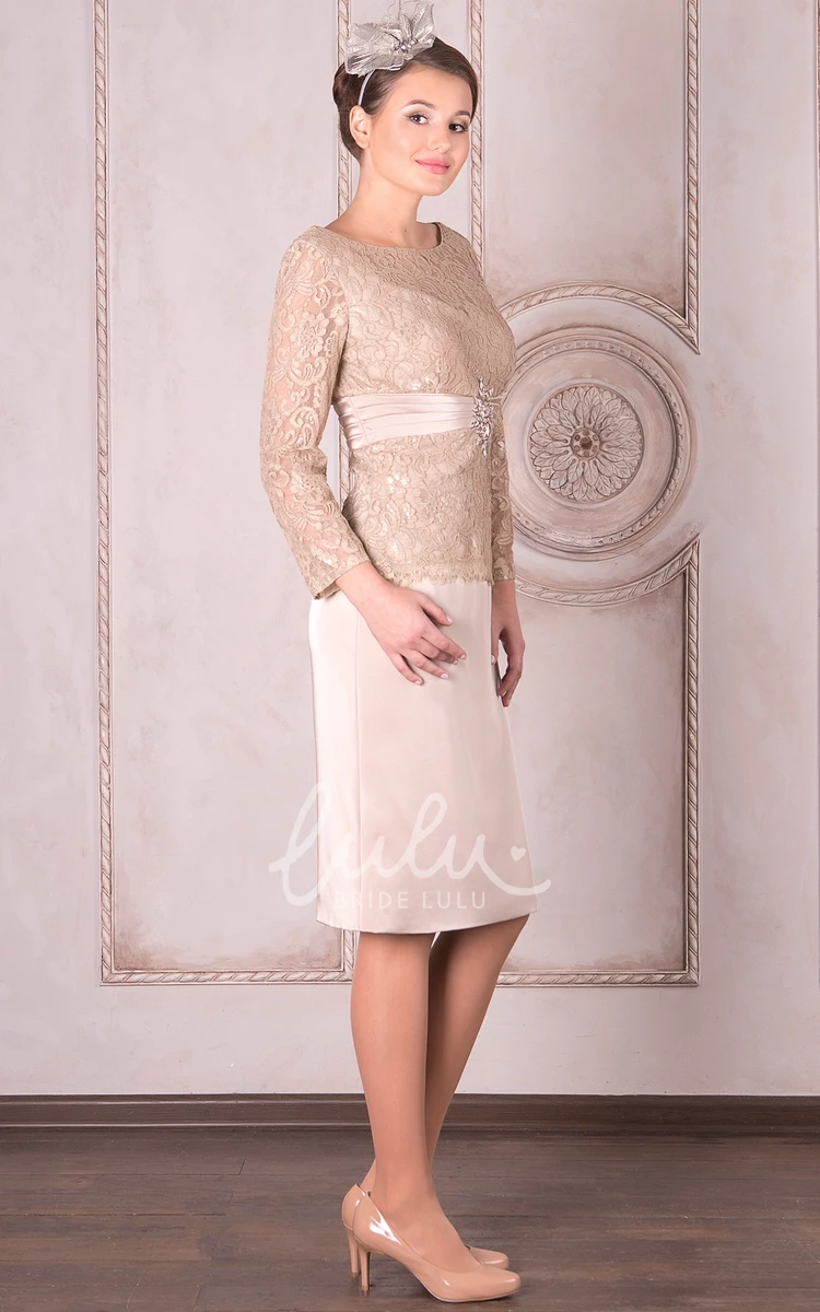 Long Sleeve Satin Knee-Length Mother Of The Bride Dress with High Neck and Applique