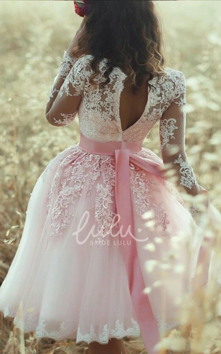 Long Sleeve V-neck Lace A-line Homecoming Dress with Pleats and Ribbon Sash