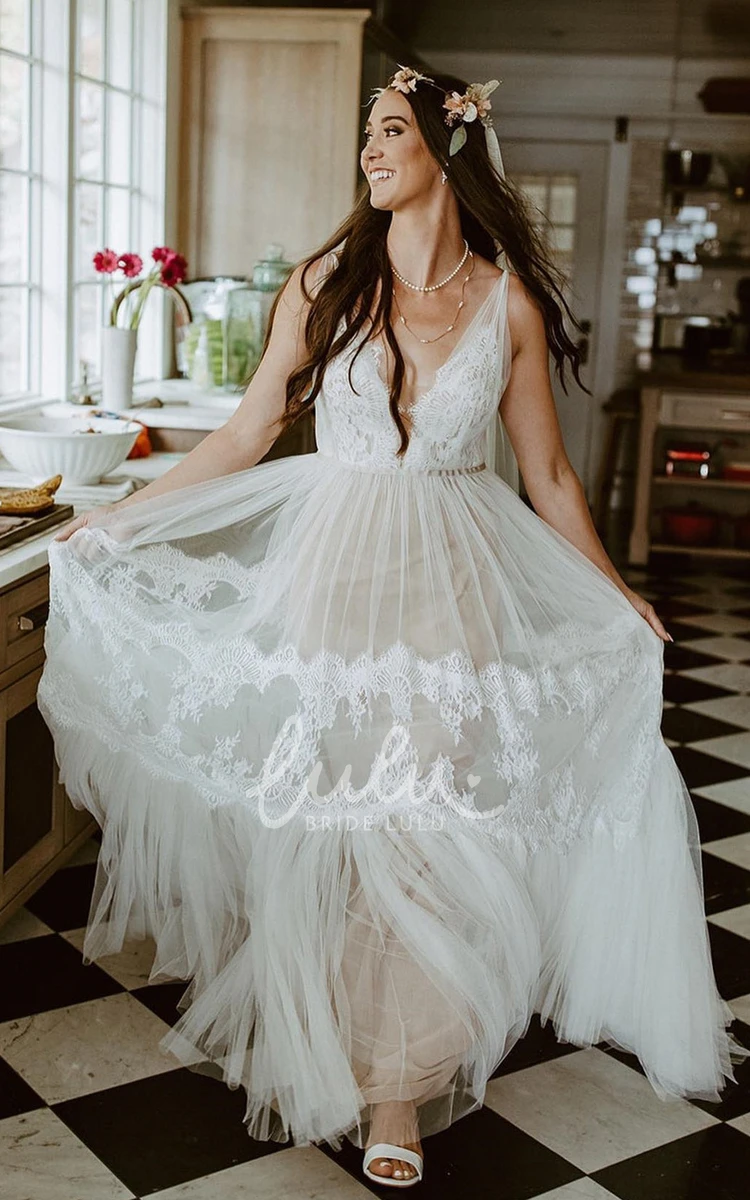 Floral Ethereal A-Line Boho Lace Wedding Dress Elopement Beach Elegant V-Neck Sleeveless Sweep Train Bridal Gown