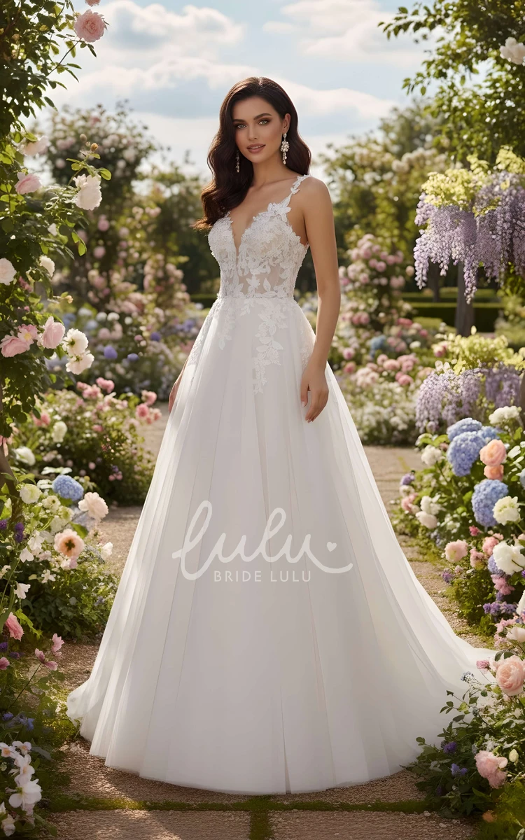 Elegant Floral Lace Spaghetti A-Line Wedding Dress Deep V-Neck Chiffon Garden Bridal Gown
