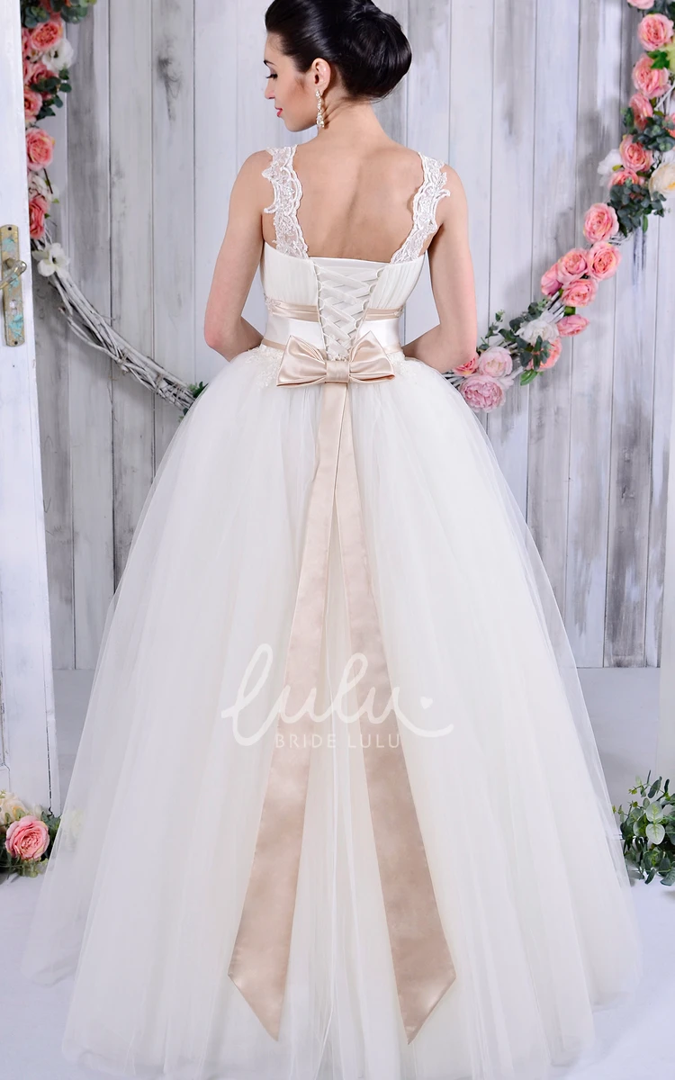 Sleeveless Lace and Tulle Ball Gown Wedding Dress with Bow Detail