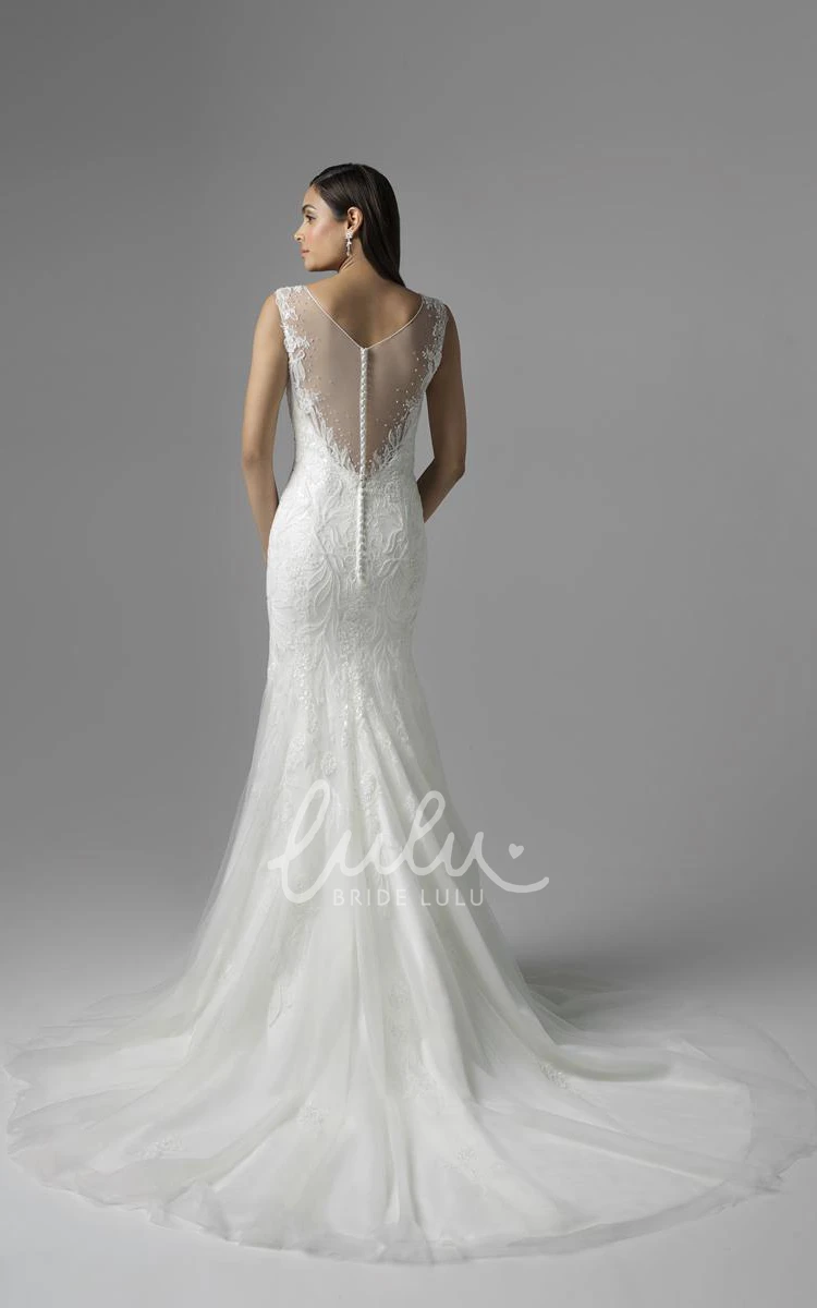 Lace&Tulle Mermaid Wedding Dress with Beading and Illusion Sleeveless Scoop-Neck