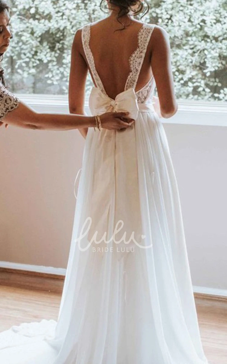 Chiffon Lace A Line Wedding Dress with Scalloped Sleeveless Court Train and Bow Elegant Bridal Gown