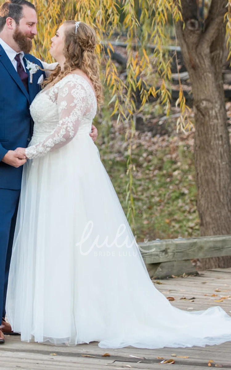 Plus Size Elegant Deep-V Back Lace Petal Sweep Train Garden Wedding Dress
