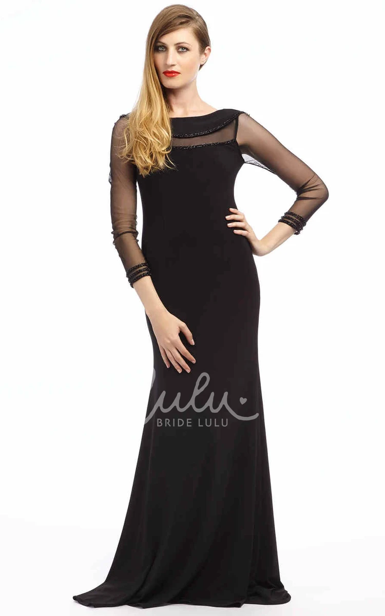 Beaded Bateau-Neck Maxi Prom Dress Long-Sleeve Chiffon