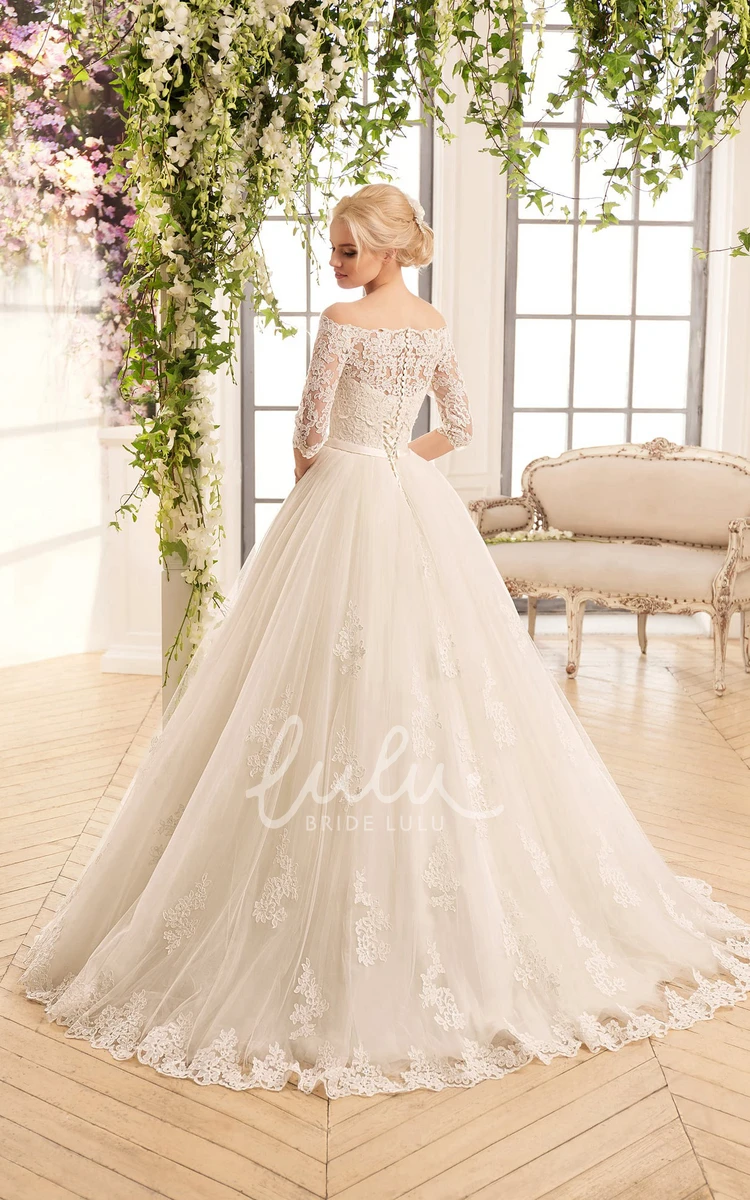 Off-Shoulder Lace Tulle A-Line Wedding Dress with Appliques