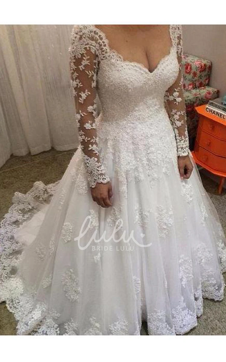 V-neck Lace Illusion Ball Gown Wedding Dress