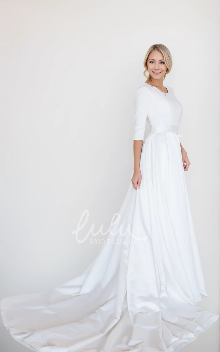 Casual A-Line 3/4 Length Sleeve Wedding Dress Solid Satin Jewel Neckline Bridal Gown