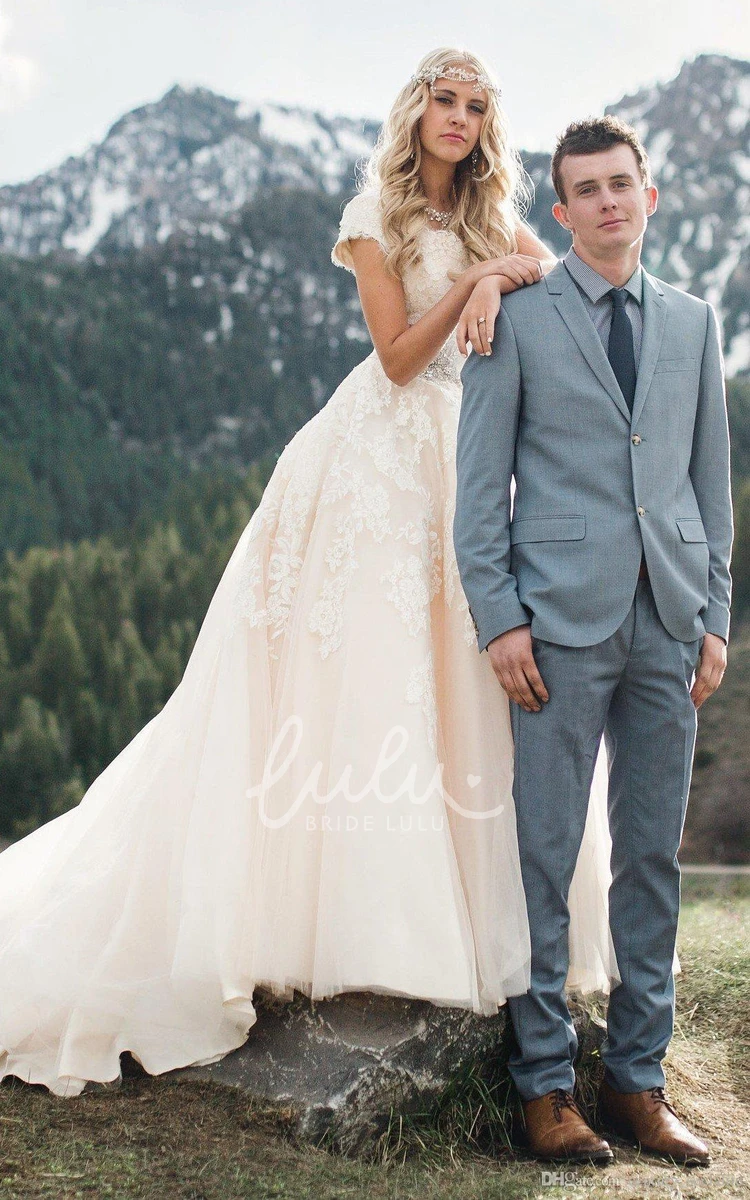 Romantic Ballgown Wedding Dress with Queen Anne Cap Sleeves and Lace Appliques Button Back