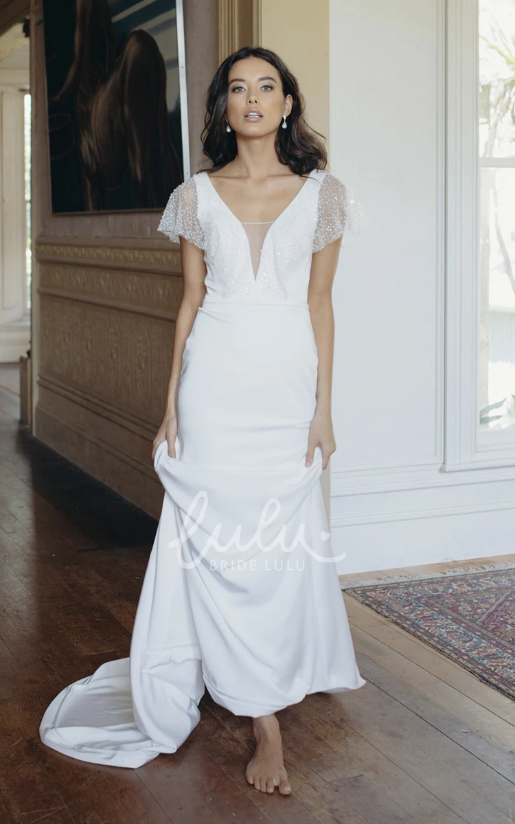 Sheath Wedding Dress with Illusion Beaded Sleeves and Court Train