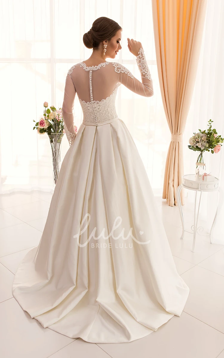 Jewel Long-Sleeve A-Line Satin Dress with Illusion and Appliques