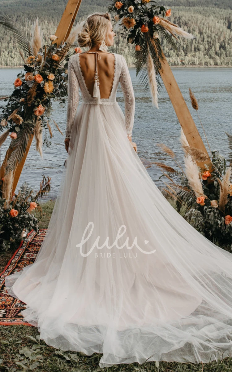 Bohemian Illusion Sleeve V-Neck Tulle Wedding Dress with Open Back Boho Wedding Dress
