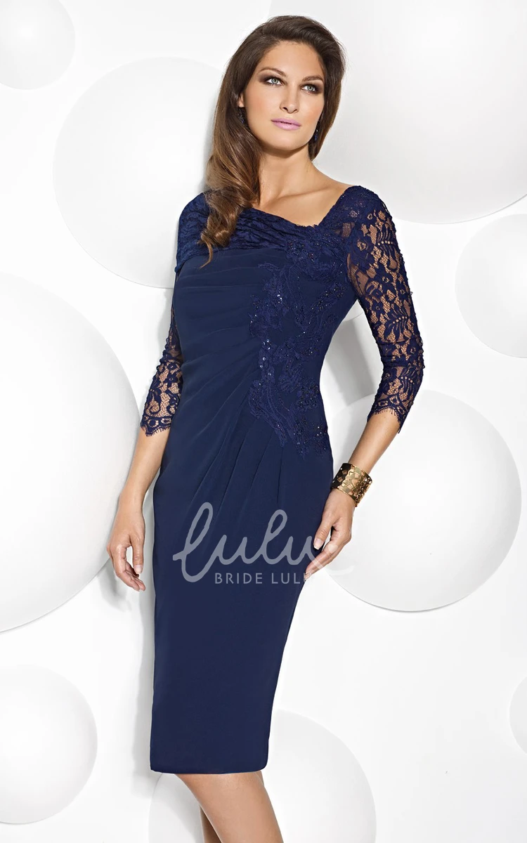 Knee-Length Jersey Mother Of The Bride Dress with Beading Lace Scoop Neck 3-4 Sleeve