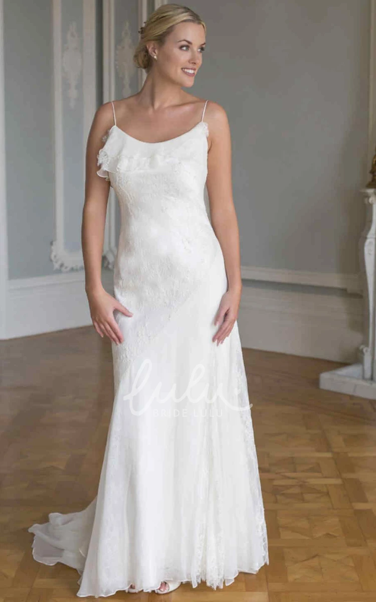 Spaghetti Lace Wedding Dress with Applique and Draping Sleeveless Floor-Length Wedding Dress