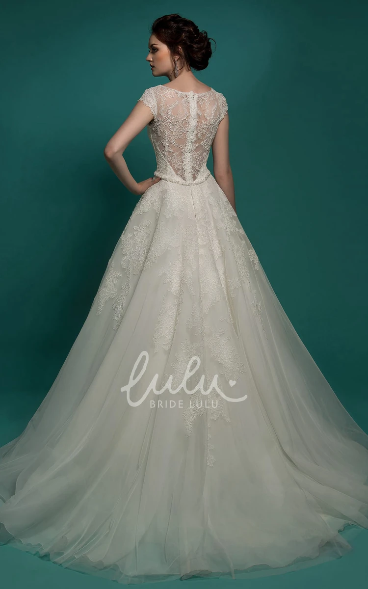 Illusion Organza A-Line Floor-Length Jewel-Neck Cap-Sleeve Dress with Appliques and Beading