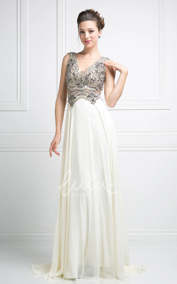 Bateau Illusion Maxi Prom Dress with Beading A-Line Style