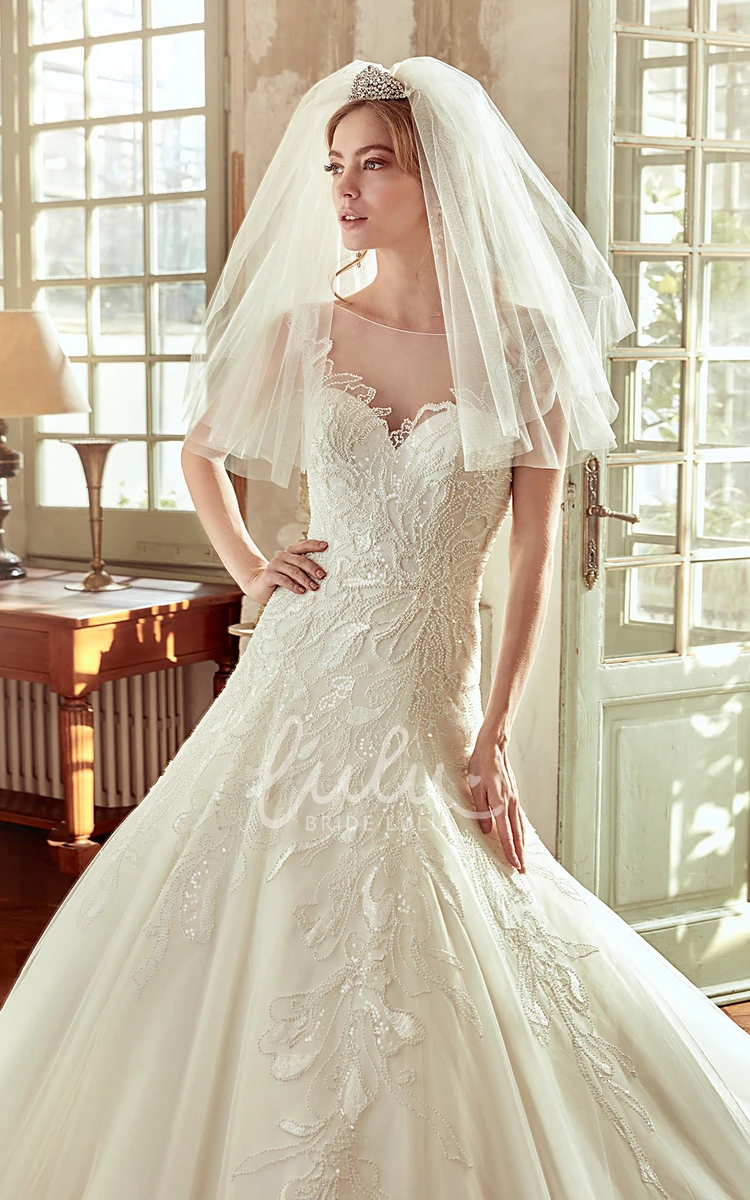 A-Line Wedding Dress with Embroidery and Drop Waist Classic Bridal Gown