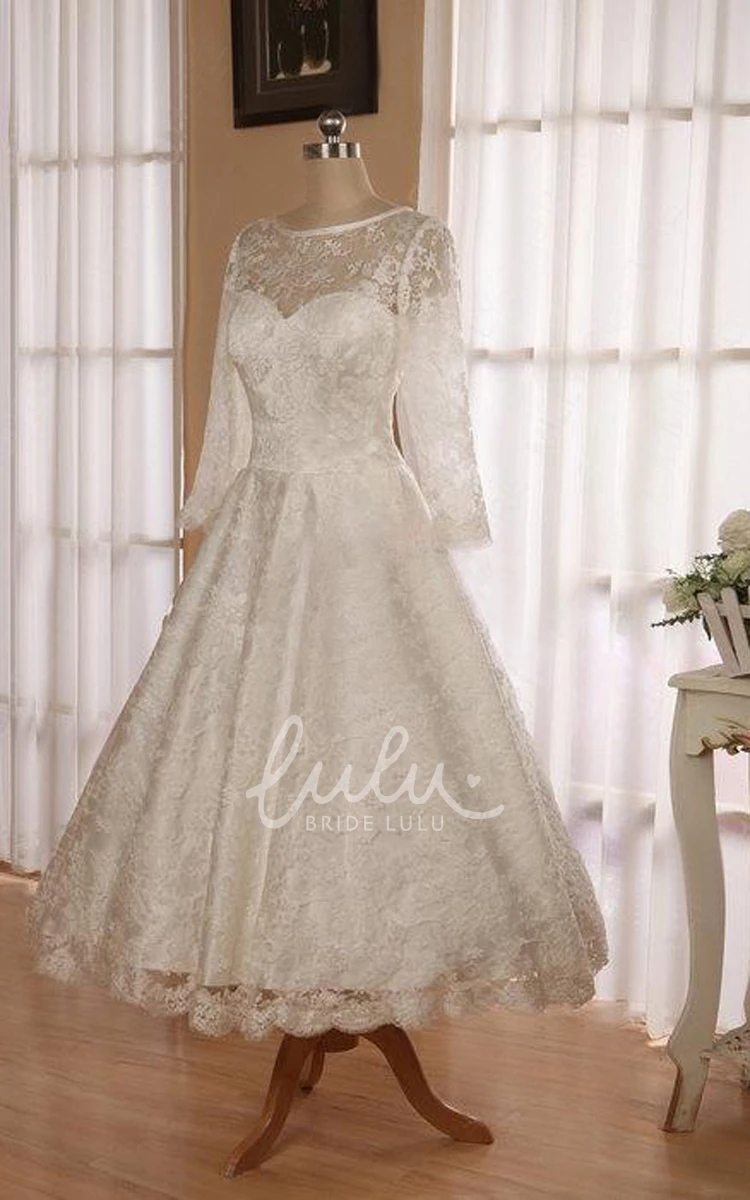 Lace Tea Length Wedding Dress with Low V Back and 3/4 Sleeves