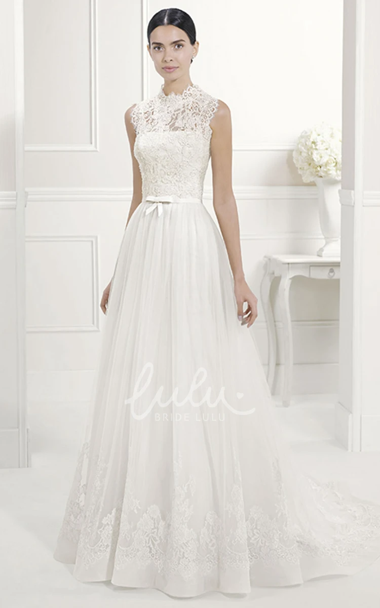 A-Line Bridal Gown with High Neck Lace Pleated Tulle and Bow