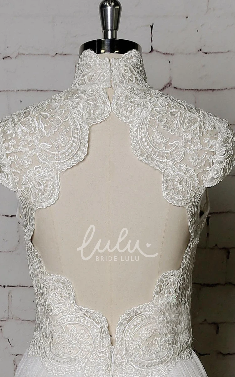 High Collor Tulle Skirt Lace Top Wedding Dress With Champagne Underlay