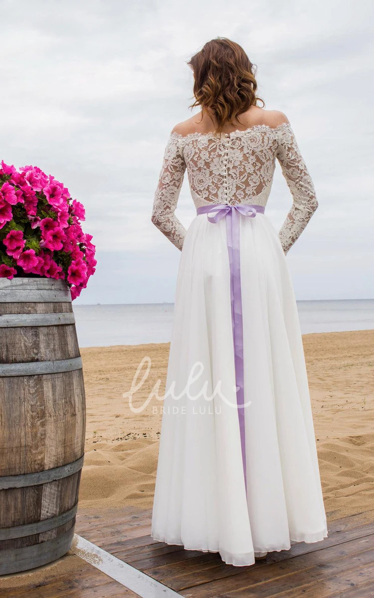 Long Sleeve Wedding Dress Off-Shoulder Chiffon Skirt Sheer Back Modern