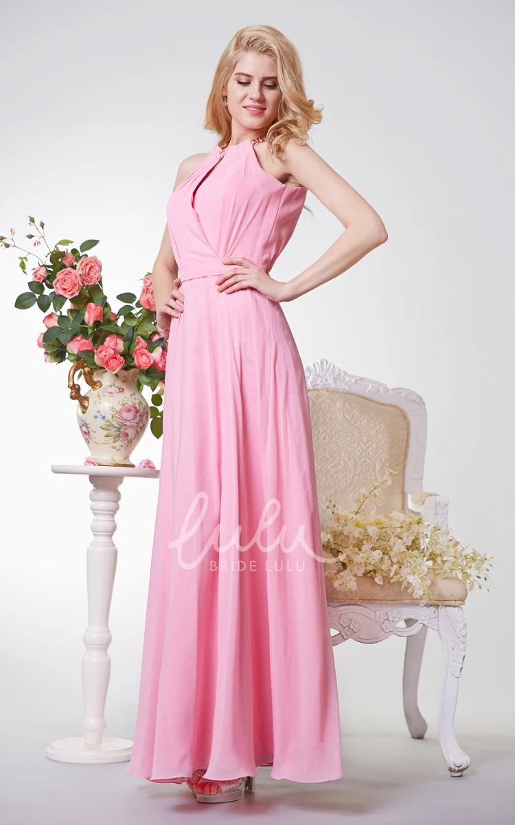 Long Chiffon Prom Dress with Halter Neckline and Keyhole Back