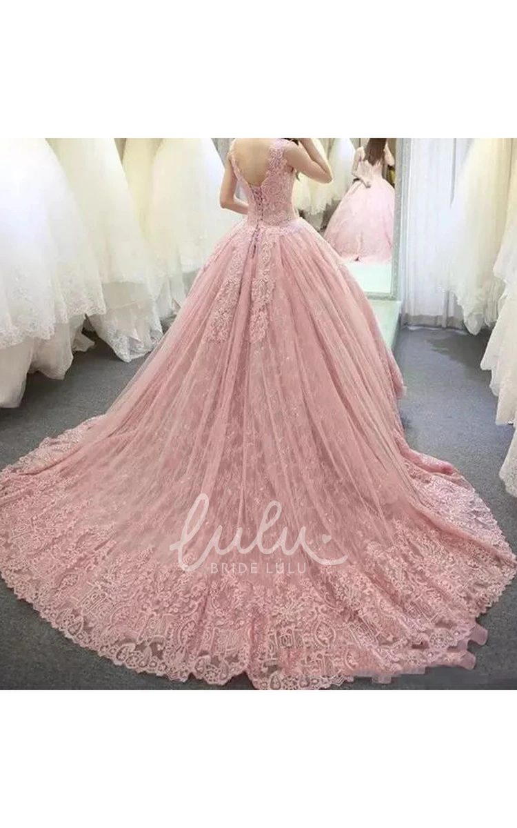 Lace Tulle Ball Gown Wedding Dress with V-Neck and Lace-Up Back