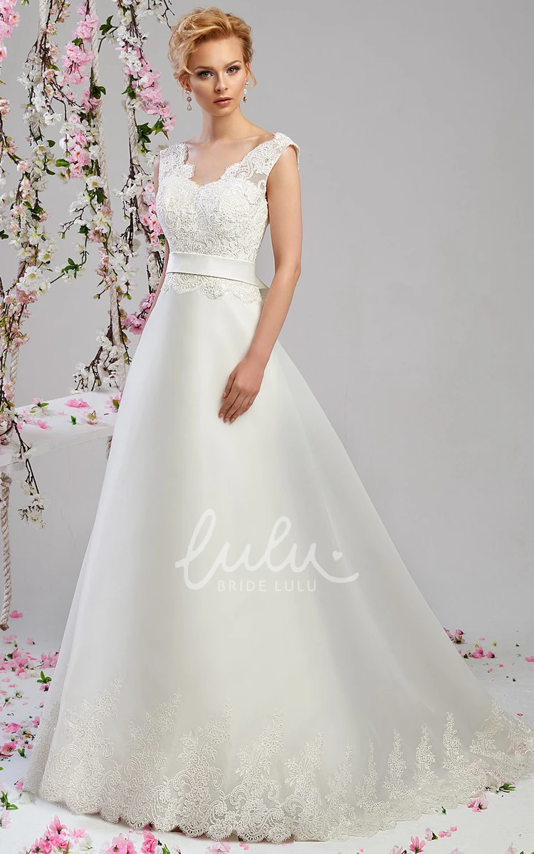 Satin Appliqued V-Neck Wedding Dress A-Line Style