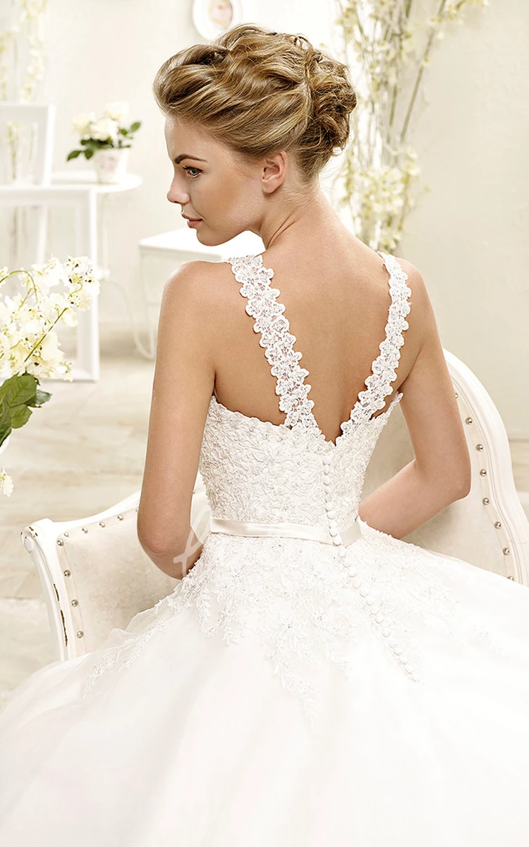 V-Neck Appliqued Wedding Dress A-Line Style
