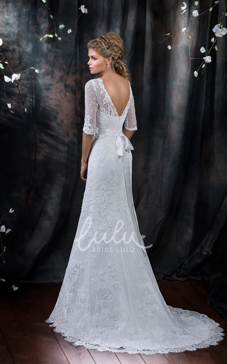 Bateau Neckline Lace Dress with Half Sleeves and Ribbon Detail