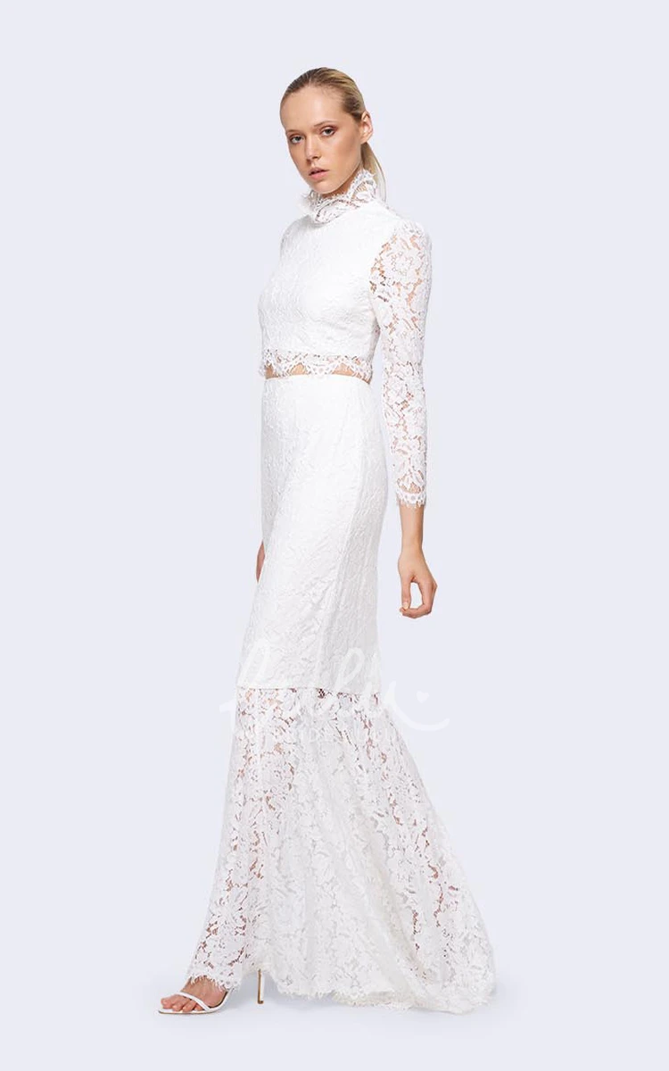 High Neck Sheath Lace Wedding Dress with Long Sleeves in Ankle-Length