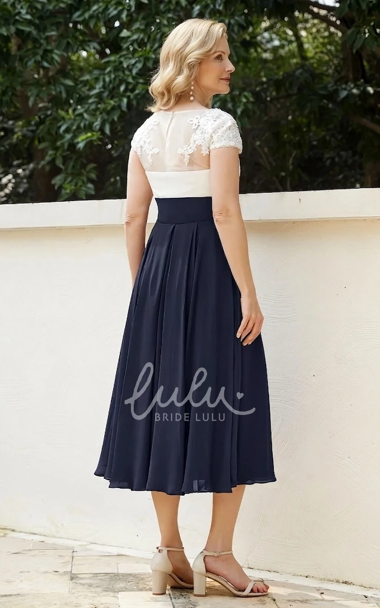 Petite Tea-length Sexy Elegant A-Line V-neck Lace Appliques Chiffon Short Cap Sleeve Mother of the Bride Guest Dress